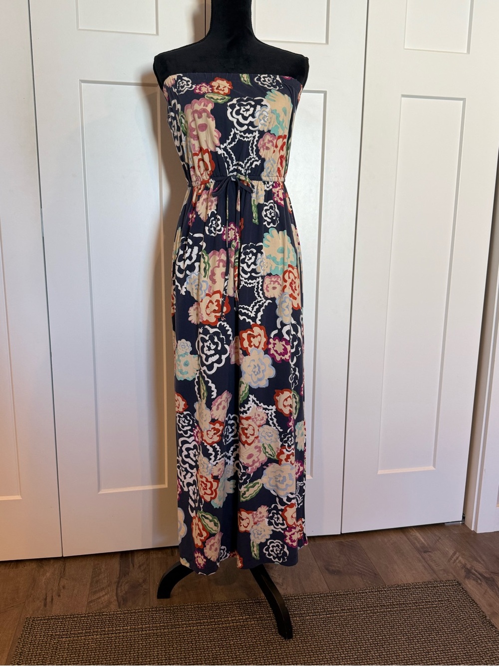 CAbi Navy Strapless Floral Maxi Dress with Multicolor Blooms